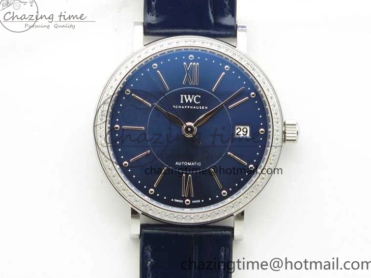 MIROTIME 0429 Portofino 37mm SS V7F 1:1 Best Edition Blue Dial Diamonds Bezel on Blue Leather Strap A Chic 7093